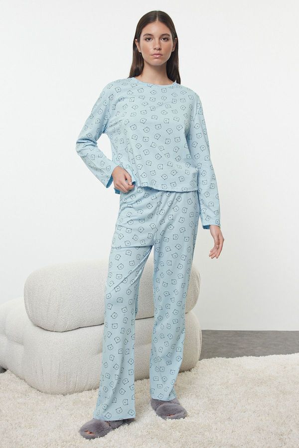 Trendyol Trendyol Blue 100% Cotton Teddy Bear Patterned Knitted Pajama Set