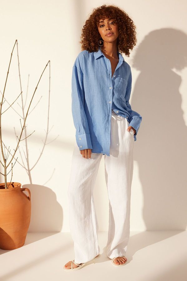 Trendyol Trendyol Blue 100% Linen Oversize Shirts