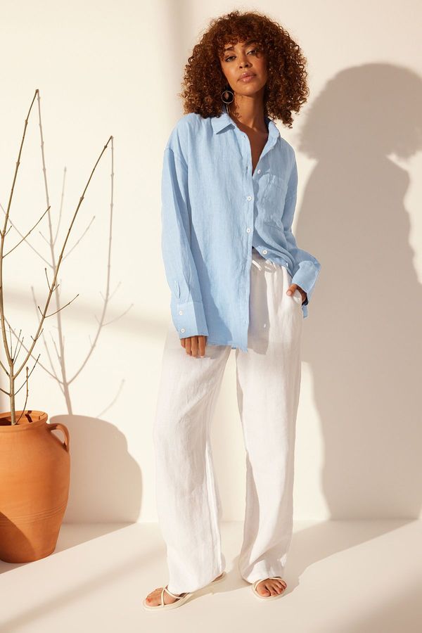 Trendyol Trendyol Blue 100% Linen Oversize Shirts