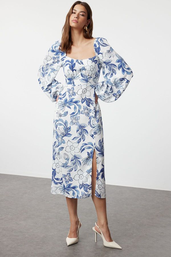 Trendyol Trendyol Blue Abstract Blue Floral Patterned Midi Woven Dress