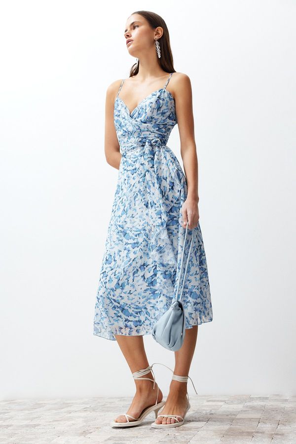 Trendyol Trendyol Blue Animal Patterned Flounced Skirt Chiffon Lined Midi Woven Dress