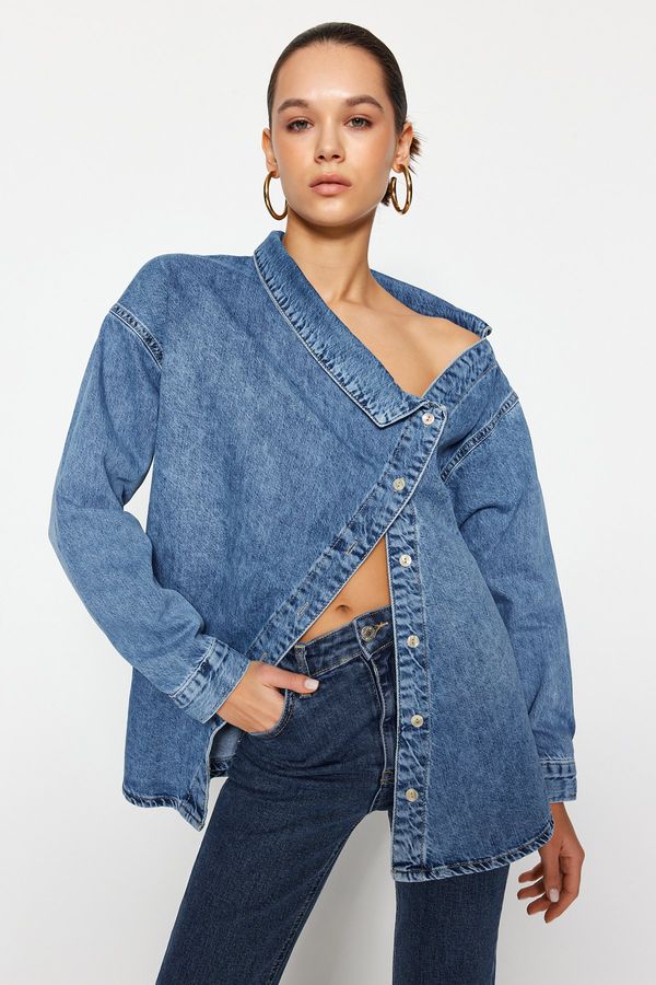 Trendyol Trendyol Blue Asymmetric Collar Detailed Denim Shirt