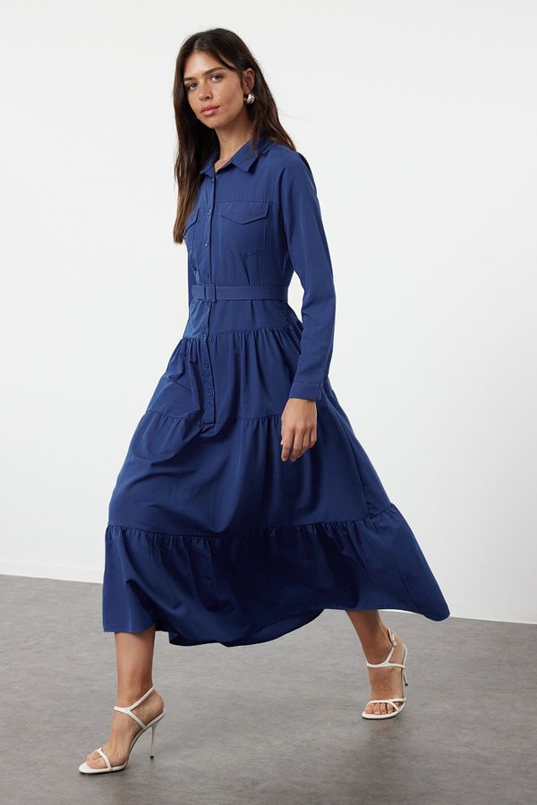 Trendyol Trendyol Blue Belted Woven Cotton Shirt Dress