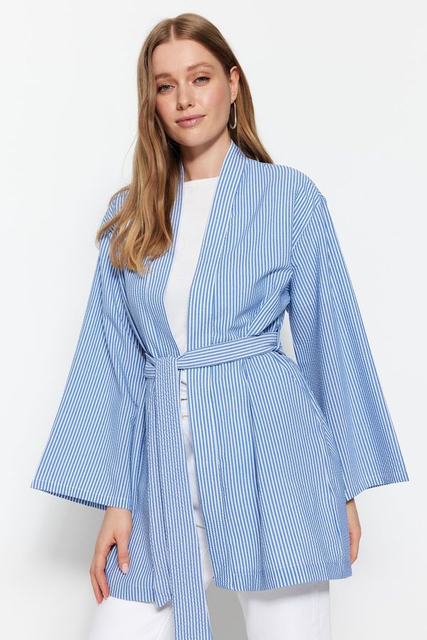 Trendyol Trendyol Blue Belted Woven Seeerproof Striped Kimono & Kaftan