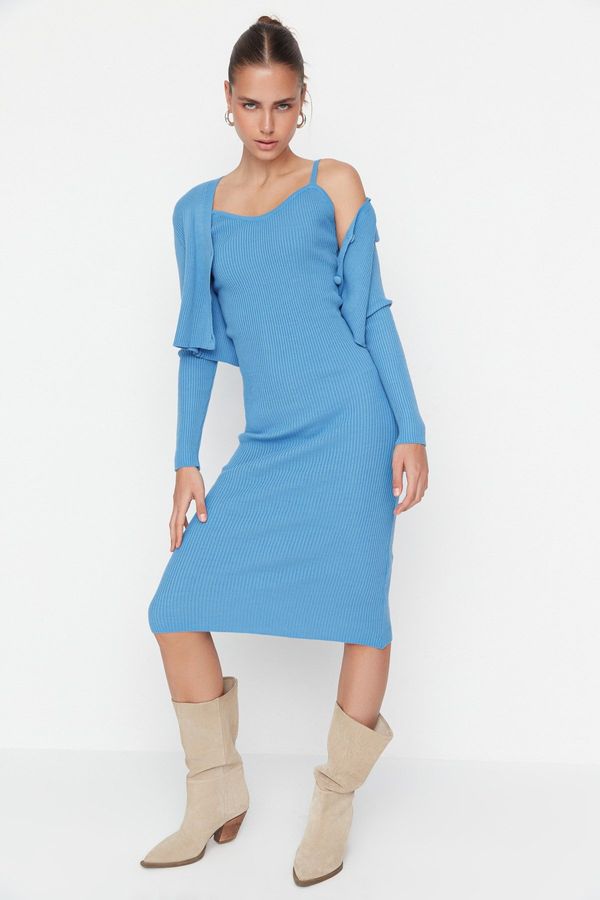 Trendyol Trendyol Blue Blue Fitted Midi Knitwear Cardigan Dress Suit