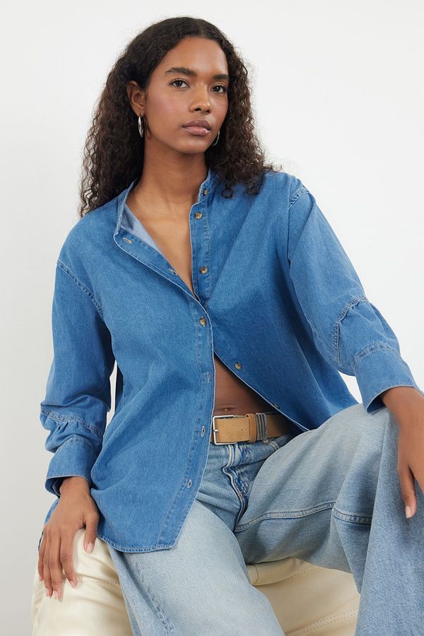 Trendyol Trendyol Blue Button Detailed Oversize Denim Shirt