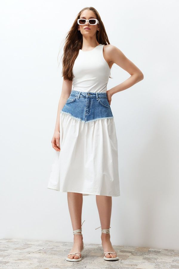 Trendyol Trendyol Blue Color Block High Waist Midi Denim Skirt