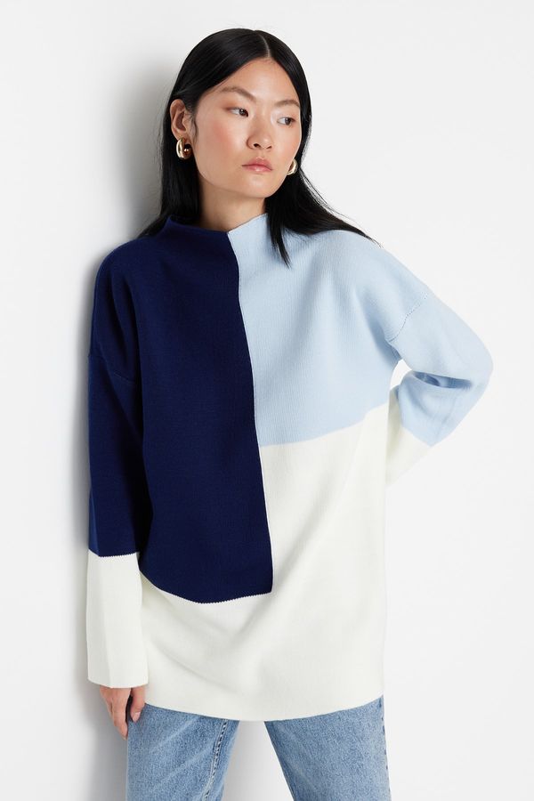 Trendyol Trendyol Blue Color Color Block High Neck Knitwear Sweater