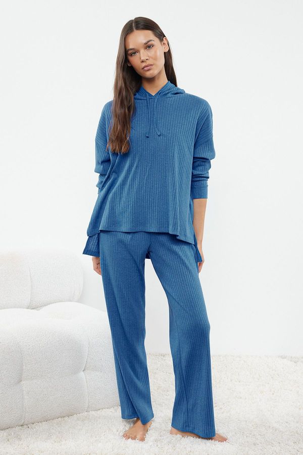 Trendyol Trendyol Blue Cotton Hooded Ribbed Knitted Pajama Set