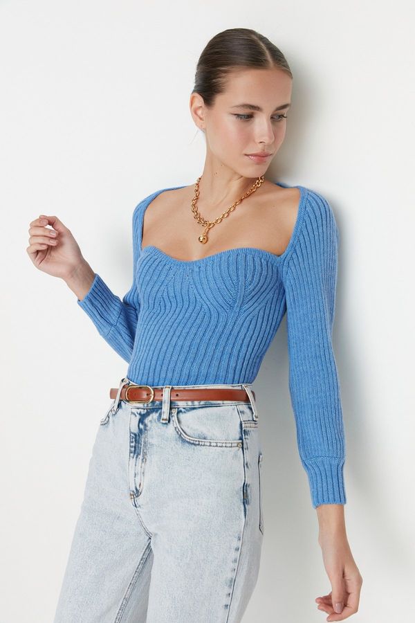 Trendyol Trendyol Blue Crop Heart Collar Knitwear Sweater