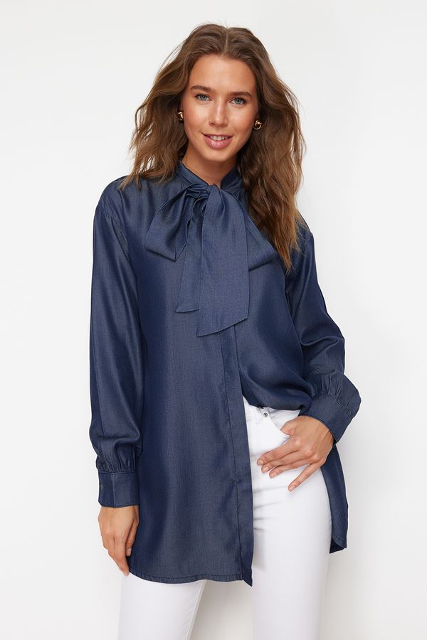 Trendyol Trendyol Blue Denim Modest Oversize Shirt with Tie Detail