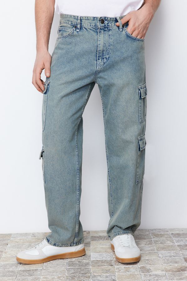 Trendyol Trendyol Blue Distressed Look Wide Cut Jeans Jeans with Cargo Pockets