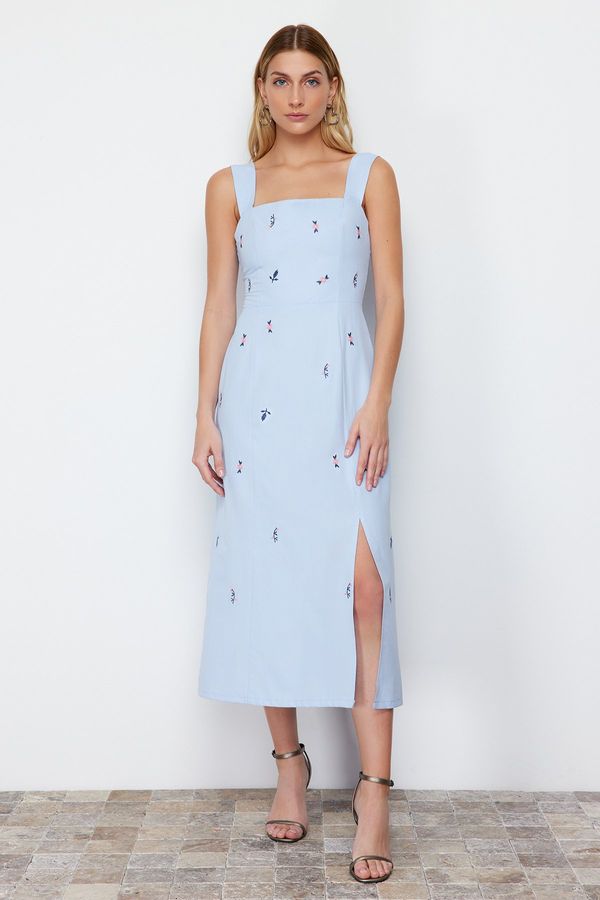 Trendyol Trendyol Blue Embroidered Skirt Waist Opening Square Collar Midi Woven Dress