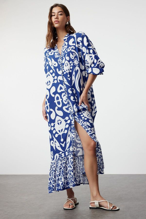 Trendyol Trendyol Blue Ethnic Patterned Wide Cut Woven Dress with Border Pattern Detail