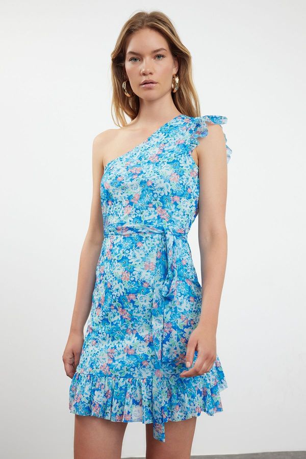 Trendyol Trendyol Blue Floral Belted Mini Patterned Single Sleeve Detailed Ruffle Lined Flexible Knit Dress