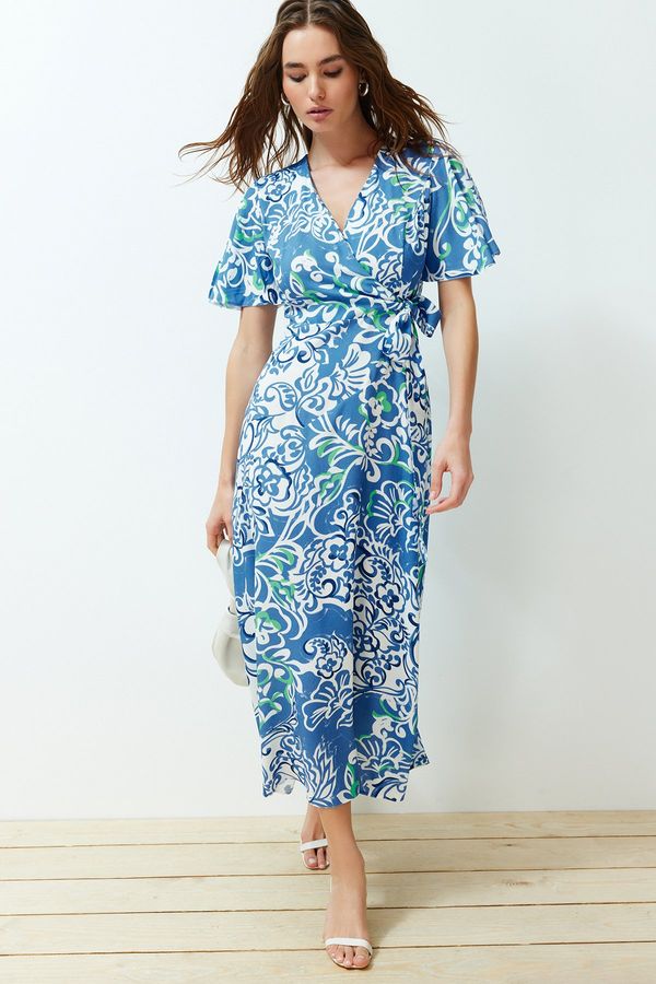 Trendyol Trendyol Blue Floral Double-breasted Viscose Midi Woven Dress