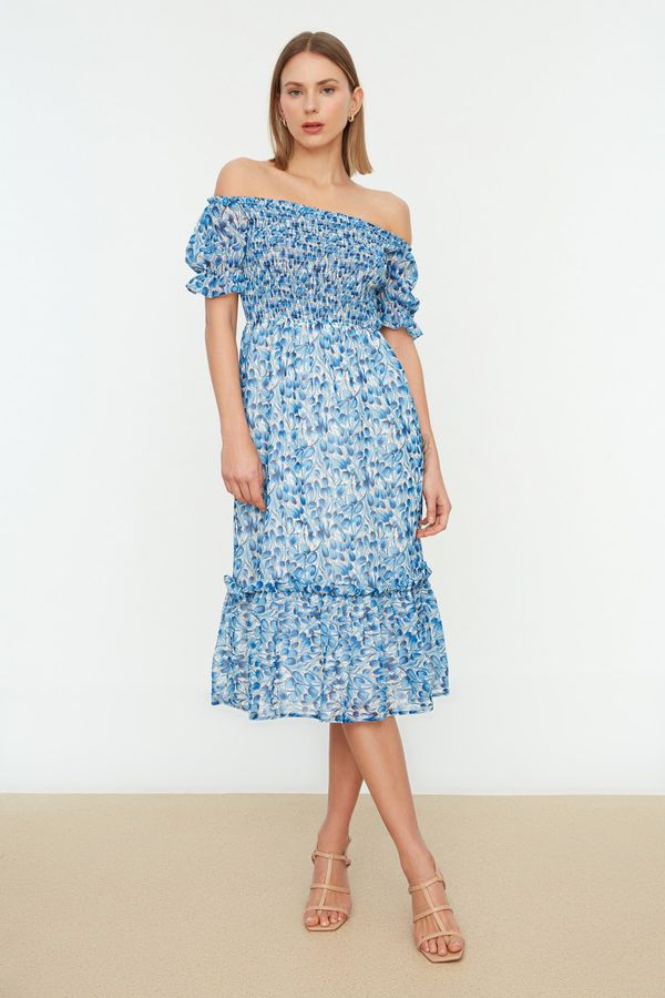 Trendyol Trendyol Blue Floral Madonna Collar Waist Chiffon Gimped Midi Lined Woven Dress