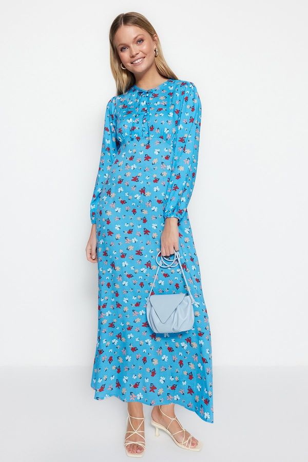 Trendyol Trendyol Blue Floral Pattern Coated Button Detailed 100% Viscose Woven Dress