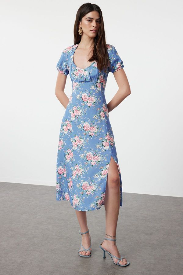Trendyol Trendyol Blue Floral Patterned A-Line Short Sleeve Maxi Woven Dress