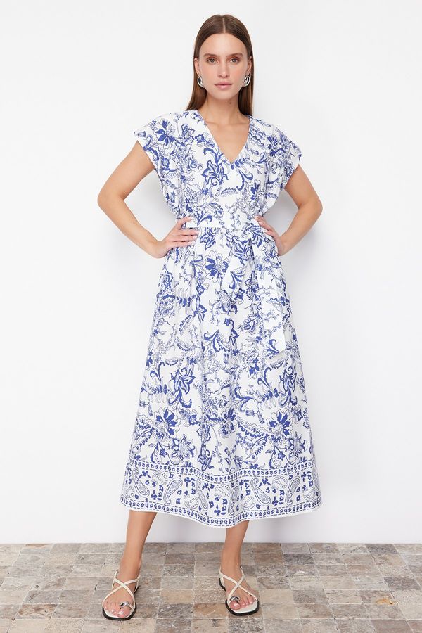 Trendyol Trendyol Blue Floral Patterned Belted V-Neck Midi 100% Cotton Woven Dress