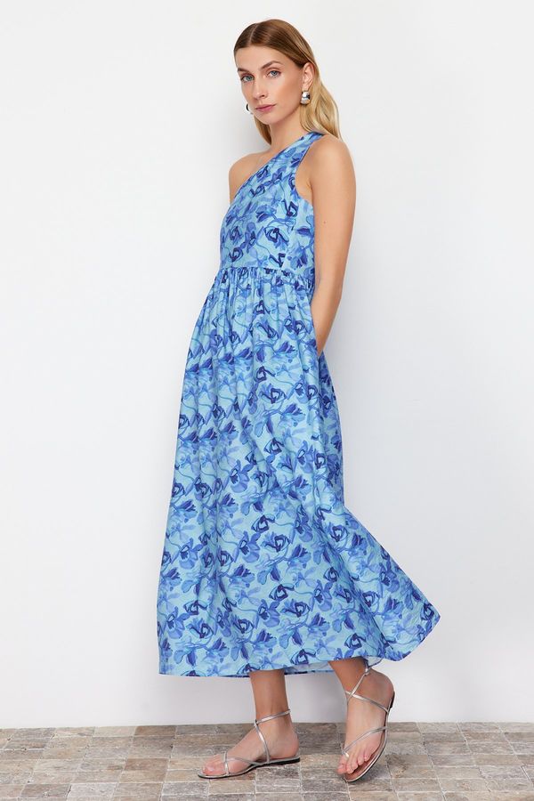 Trendyol Trendyol Blue Floral Print A-line One Shoulder Midi Woven Dress