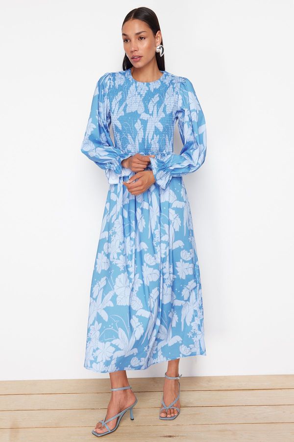 Trendyol Trendyol Blue Floral Printed Plus Size Gimped Woven Dress