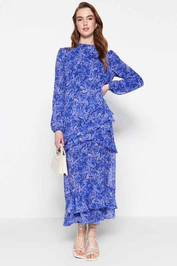 Trendyol Trendyol Blue Floral Skirt Frilly Lined Woven Chiffon Dress