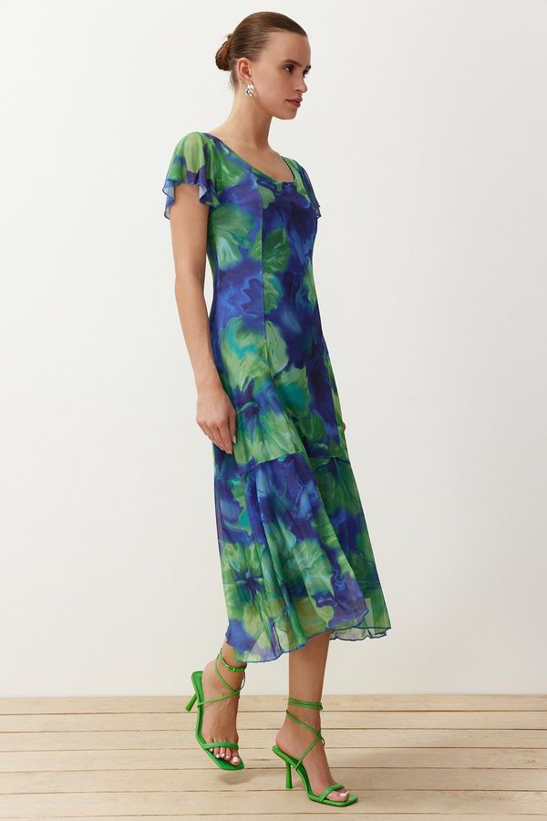 Trendyol Trendyol Blue Floral Square Neck Midi A-Line/A-Line Form Knitted Midi Dress