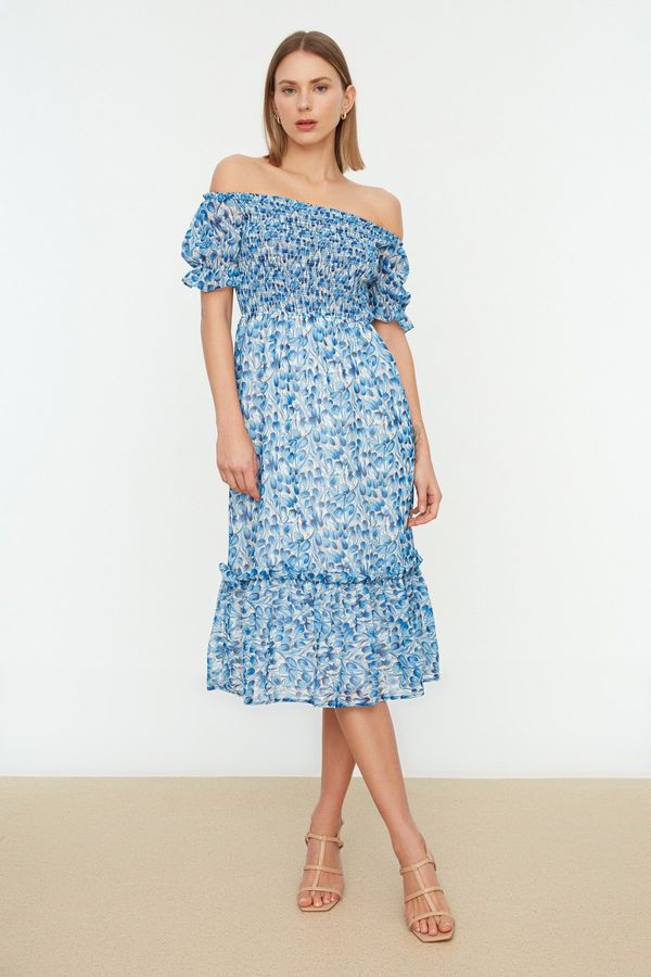 Trendyol Trendyol Blue Floral Waist Opening Chiffon Lined Gimped Midi Woven Dress
