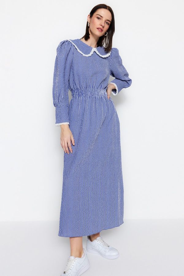 Trendyol Trendyol Blue Gingham Textured Fabric Baby Collar Waist Gipe Detailed Woven Dress