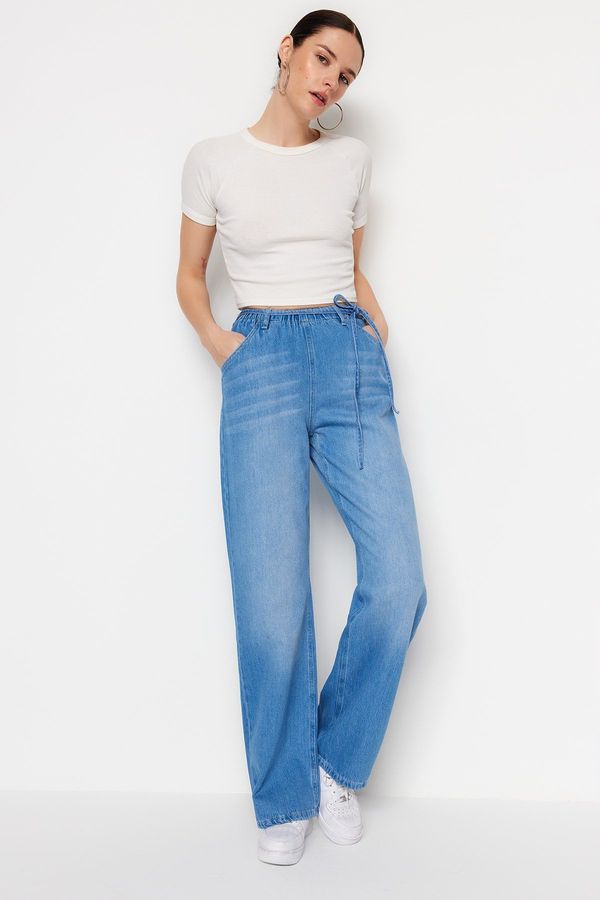 Trendyol Trendyol Blue High Waist Loose Jeans with Strap Detail