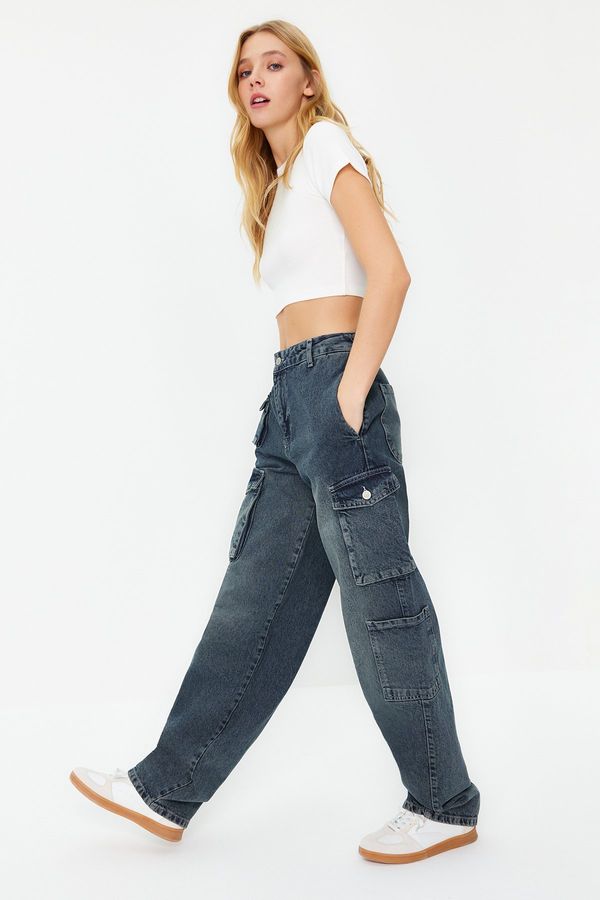 Trendyol Trendyol Blue High Waist Skater Jeans with Cargo Pocket