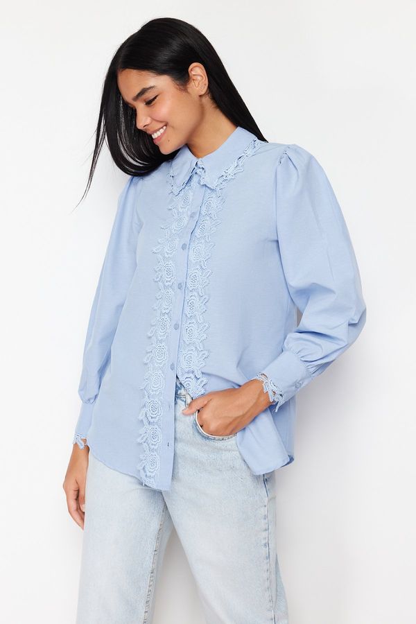 Trendyol Trendyol Blue Lace Brode Detail Cotton Woven Shirt
