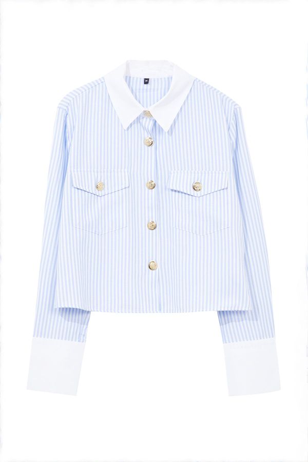 Trendyol Trendyol Blue Metal Button Detailed Collar and Sleeve Detailed Striped Regular Normak Fit Shirt