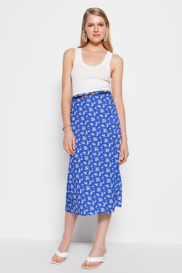 Trendyol Trendyol Blue Midi Woven Skirt with a Slit Detail and Floral Pattern in Viscose Fabric