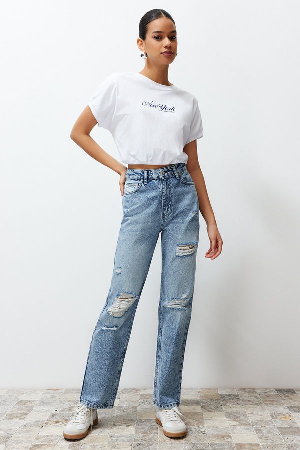 Trendyol Trendyol Blue More Sustainable Ripped High Waist Straight Jeans