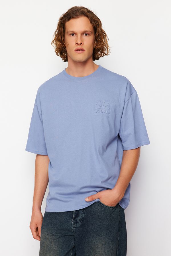 Trendyol Trendyol Blue Oversize Relief Printed 100% Cotton T-Shirt