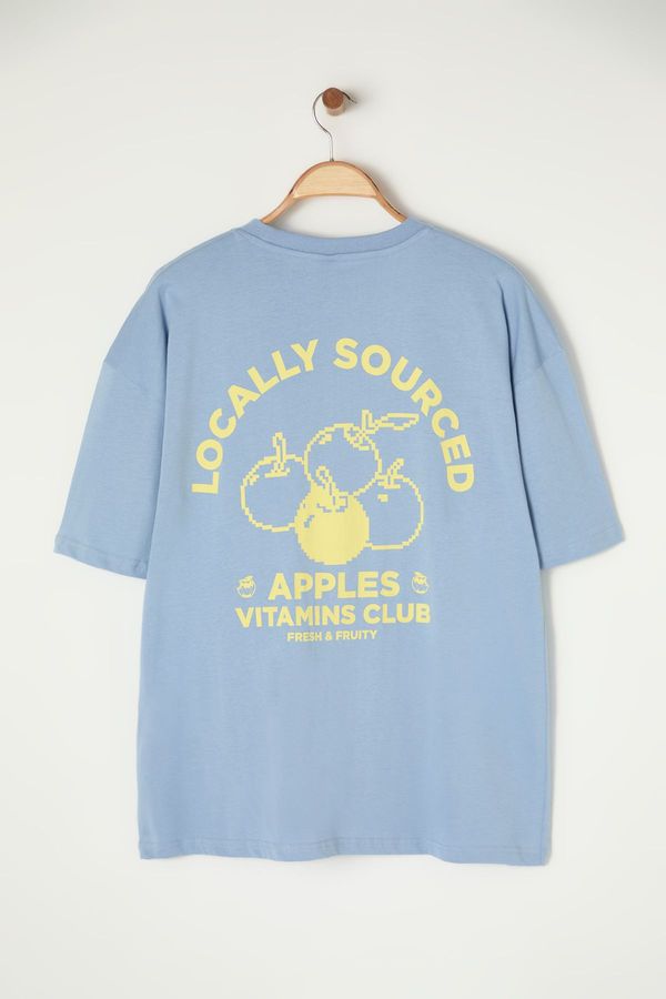 Trendyol Trendyol Blue Oversize/Wide Cut Fruit Printed 100% Cotton T-Shirt