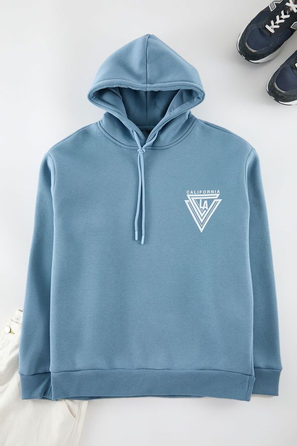 Trendyol Trendyol Blue Oversize/Wide Cut Printed Cotton Fleece Sweatshirt