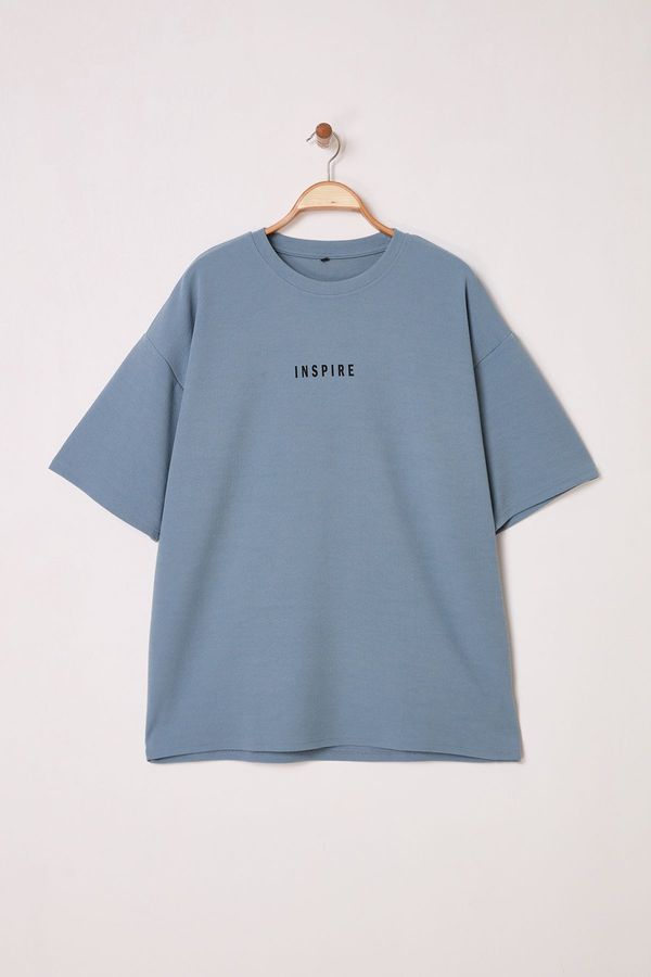 Trendyol Trendyol Blue Oversize/Wide Cut Printed Textured Soft Thick T-Shirt