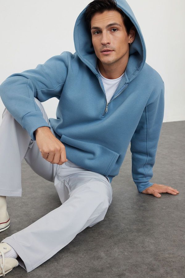 Trendyol Trendyol Blue Oversize/Wide Cut Zippered Hooded Basic Sweatshirt