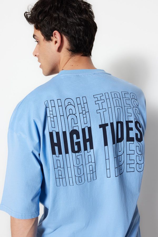 Trendyol Trendyol Blue Oversize/Wide-Fit Text Printed Short Sleeve 100% Cotton T-Shirt