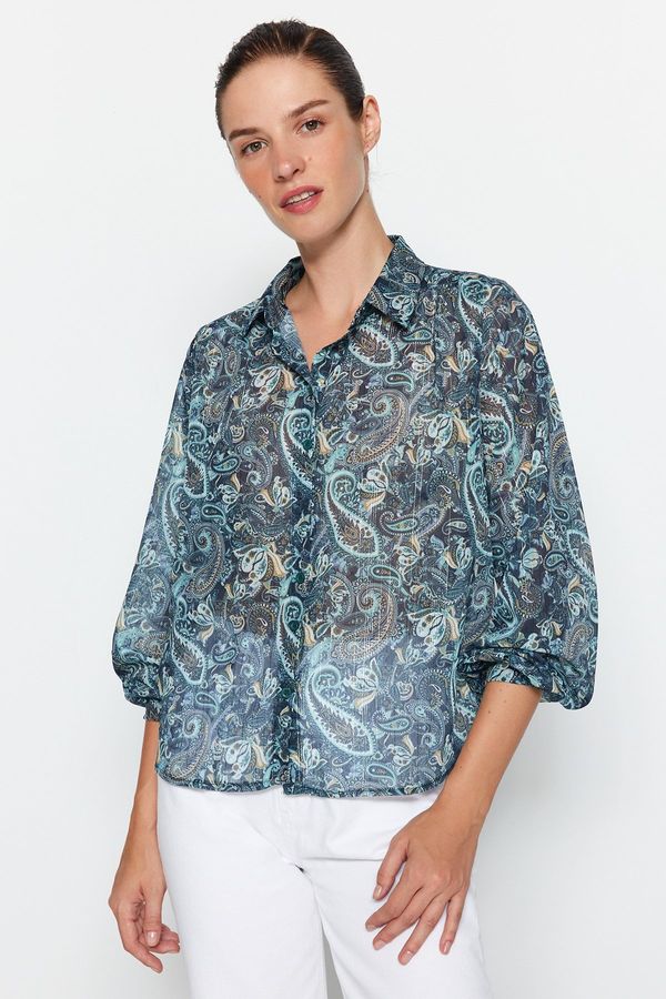 Trendyol Trendyol Blue Paisley Pattern Transparent Oversize/Wide Fit Woven Shirt