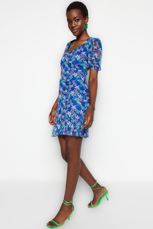 Trendyol Trendyol Blue Patterned A-Line Mini Tulle Knitted Dress With Low-Cut Back