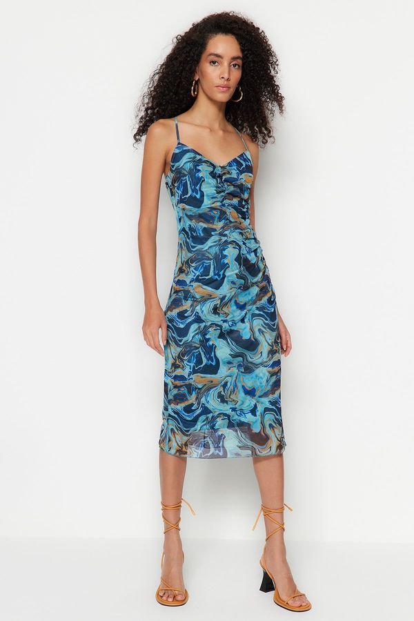 Trendyol Trendyol Blue Patterned Gathered Tulle Knitted Dress