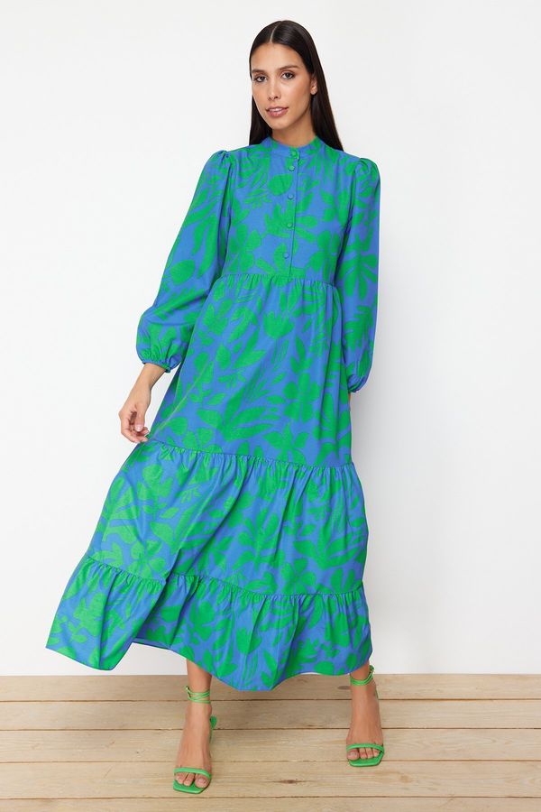 Trendyol Trendyol Blue Patterned Half Placket Wide Fit Cotton Woven Dress