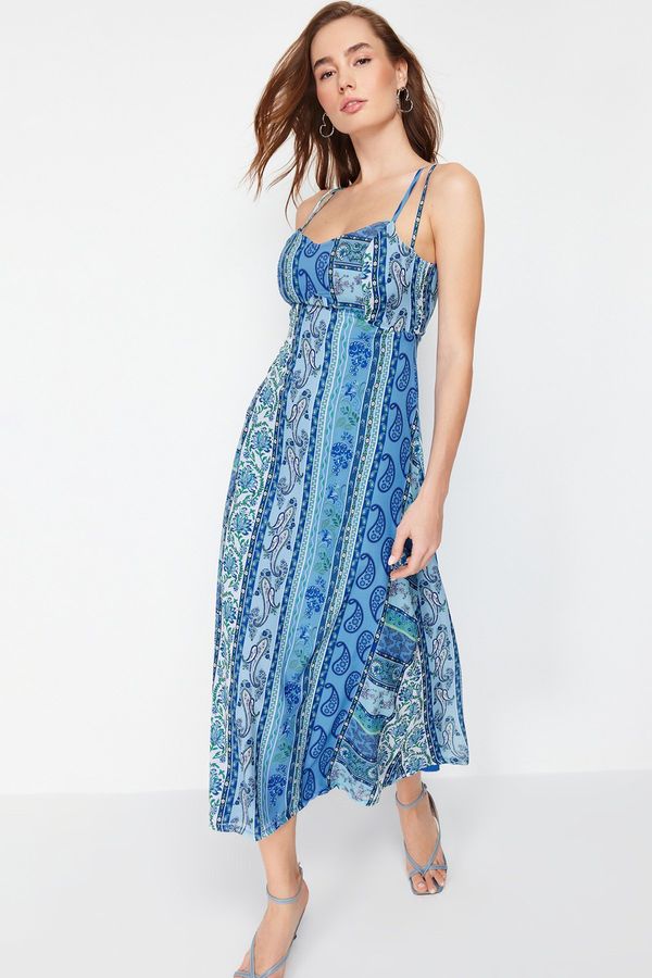 Trendyol Trendyol Blue Patterned Strappy A-line/Bell Form Midi Lined Woven Dress