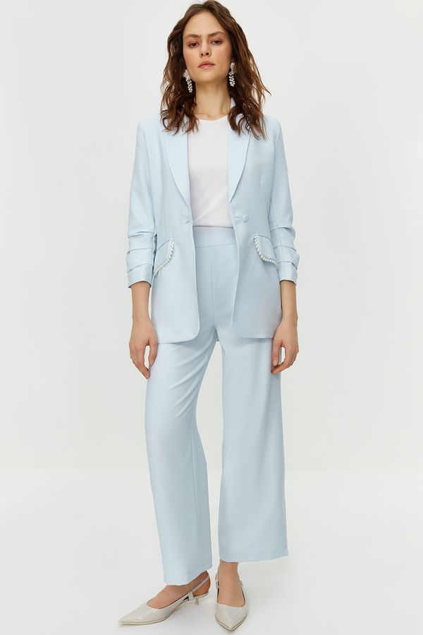 Trendyol Trendyol Blue Pearl Detailed Crepe Jacket Trousers Woven Bottom Top Set