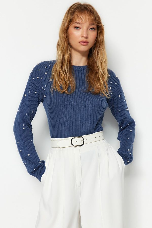 Trendyol Trendyol Blue Pearl Detailed Crew Neck Knitwear Sweater