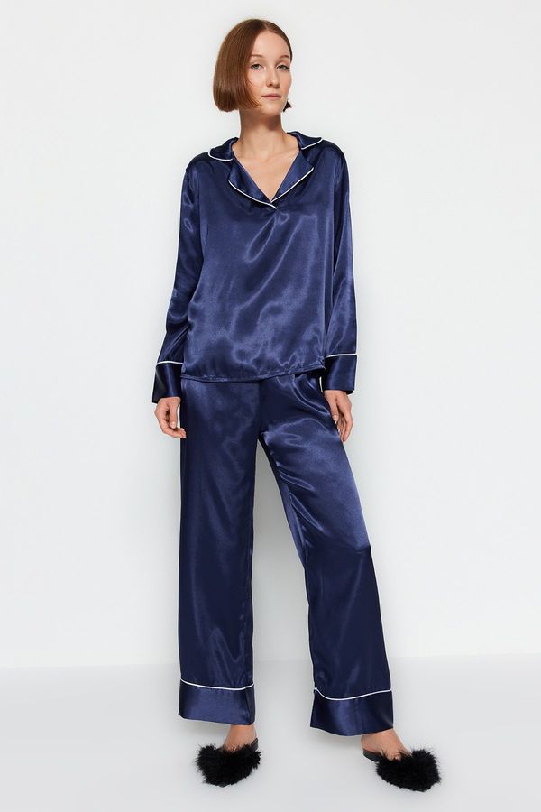 Trendyol Trendyol Blue Piping Detailed Satin Shirt-Pants Woven Pajama Set